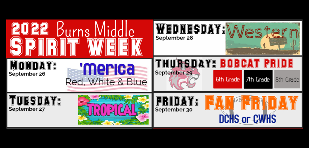 BMS Spirit week dress up event by day of the week