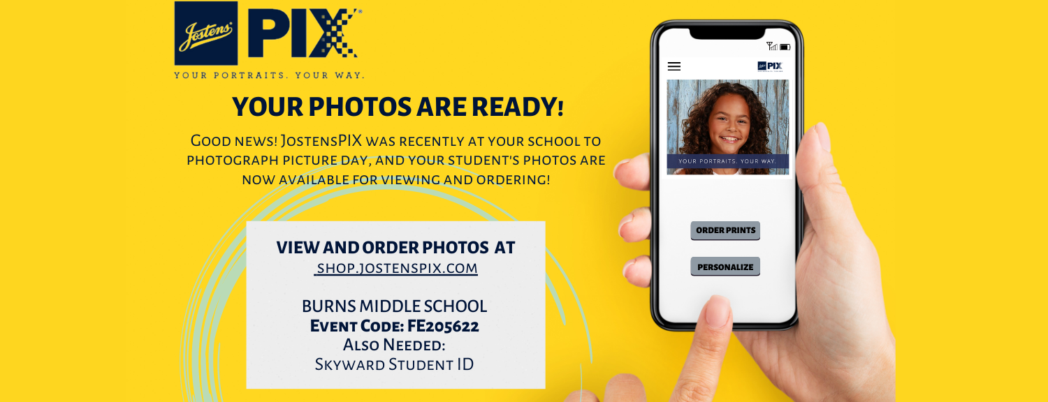 yellow background, blue text, jostens logo, white box with blue text in lower left side, cell phone with a girls picture on it on the right side with a pair of hands holding it