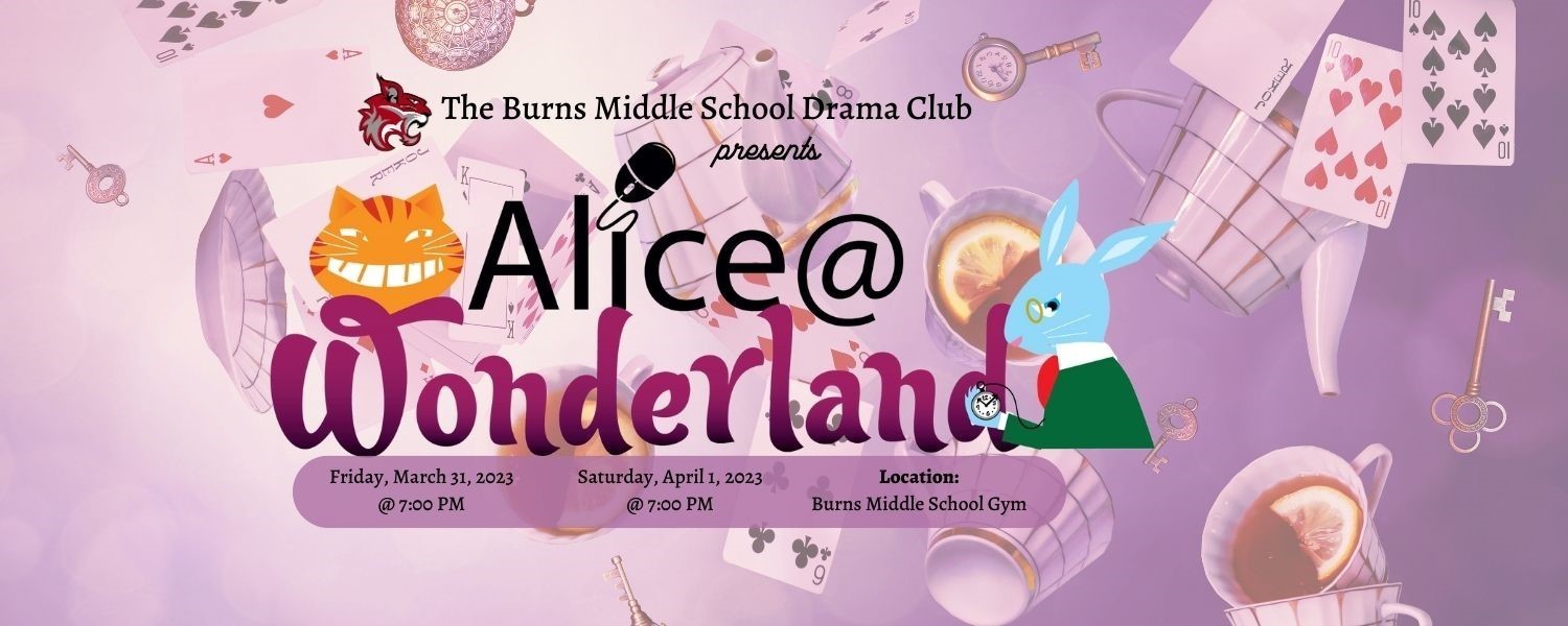 Alice @ Wonderland text on purple background with teapot, tea cups, playing cards in the background. Cat and rabbit clipart images on the sides of title. 