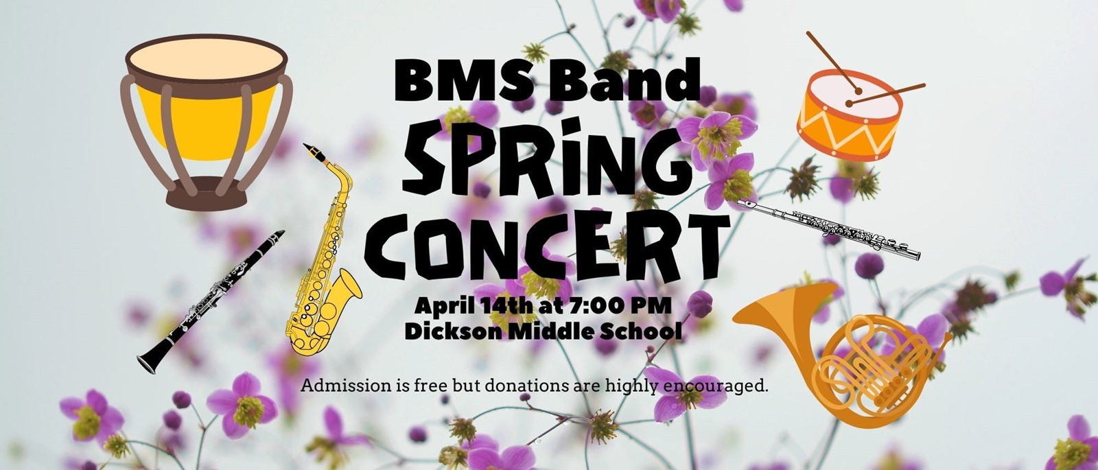 Flower background with black text. Musical instruments on each side. 