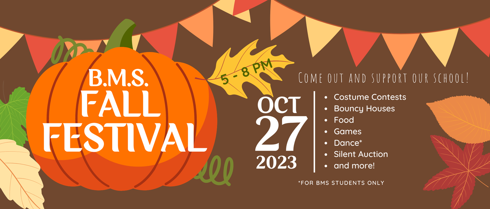 brown background, orange pumpkin with white text on left, white text with leaves on right, two pendant banners over top