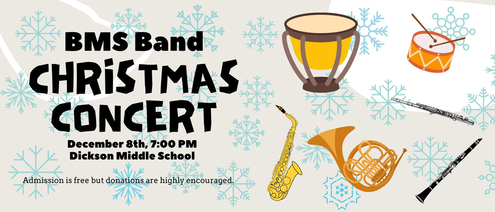 Light tan background with snowflakes and black text. Musical instruments on the right hand side.