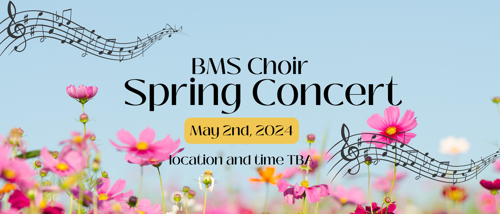 A blue sky with pink and white flowers. Music staffs on in the air on alternate sides of black text. 