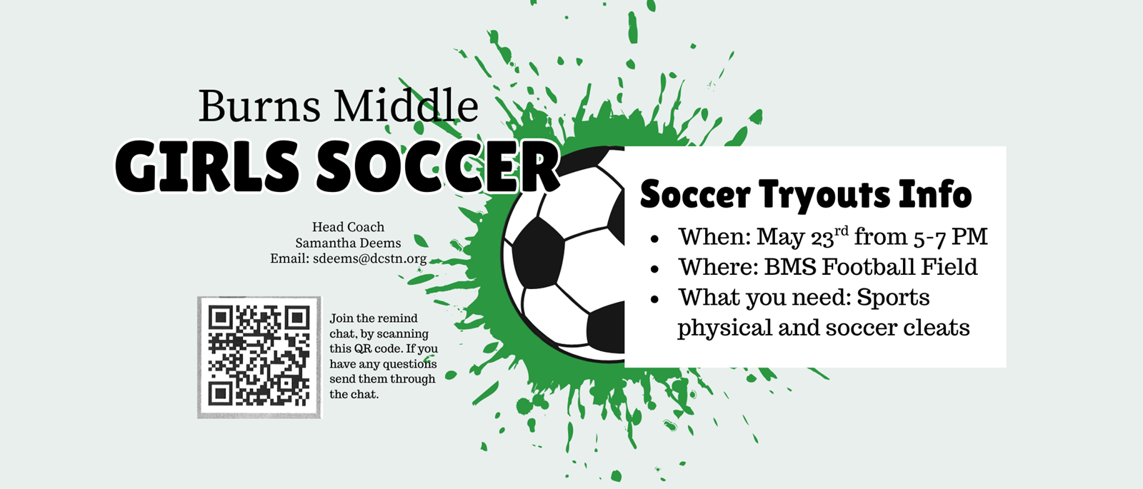 Gray background with a soccer ball in front of a green paint splat. A qr code is on the bottom left. 