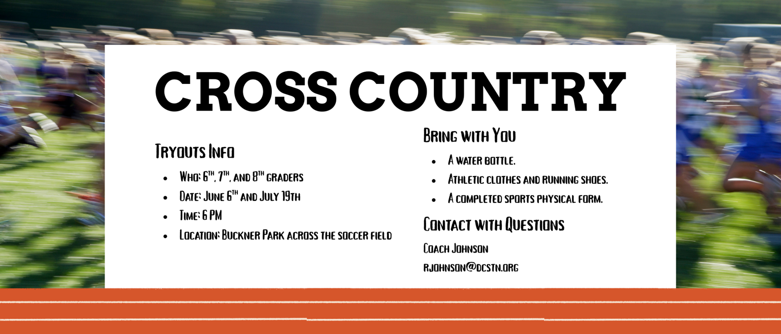 A white box with black text is in from of a blurred image of people running. 